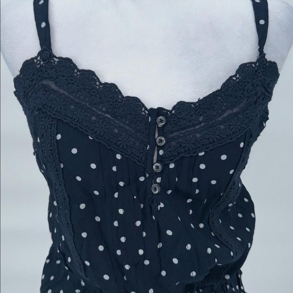 New Hollister Polka Dot Lace Cami Top Navy Blue Button Front Size Medium - Picture 5 of 10
